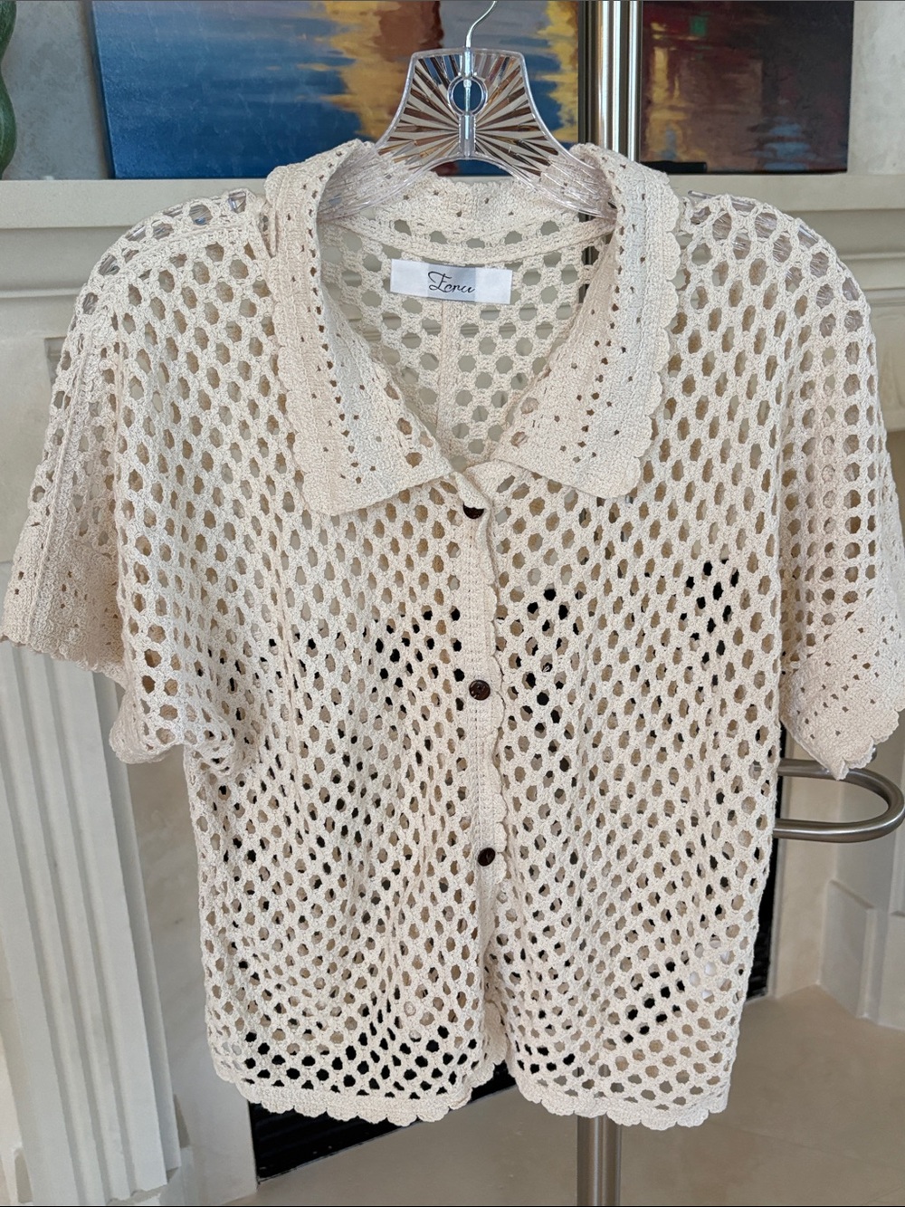 Light Cream Crochet Button-Up Cardigan